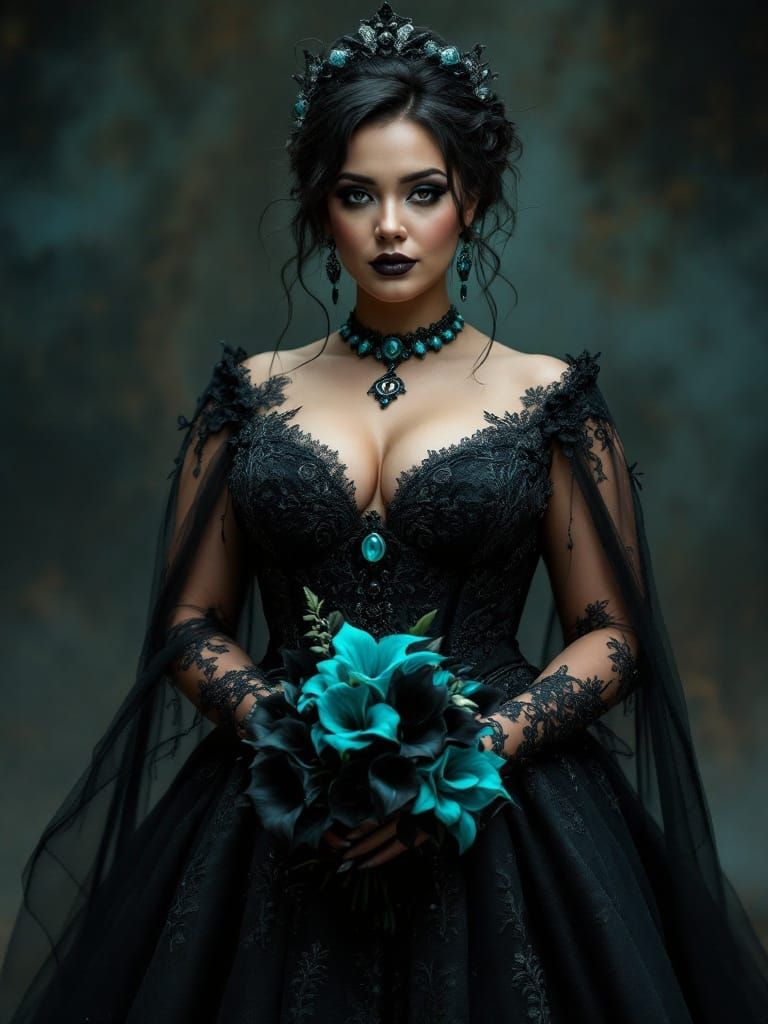 Gothic Romance Bride in Black and Turquoise Wedding Attire