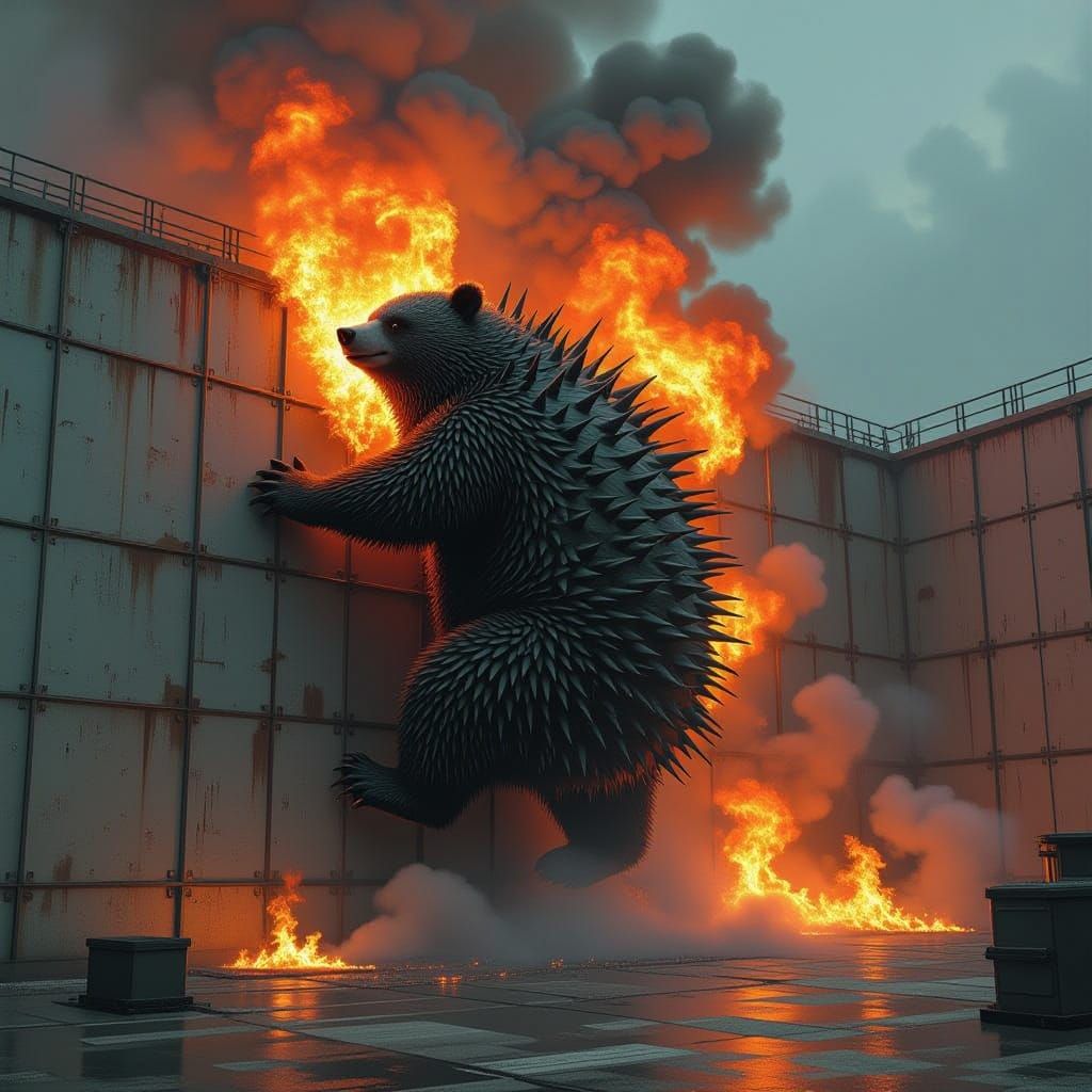 Spiny Echidna Scaling Wall in Fiery Surreal Landscape