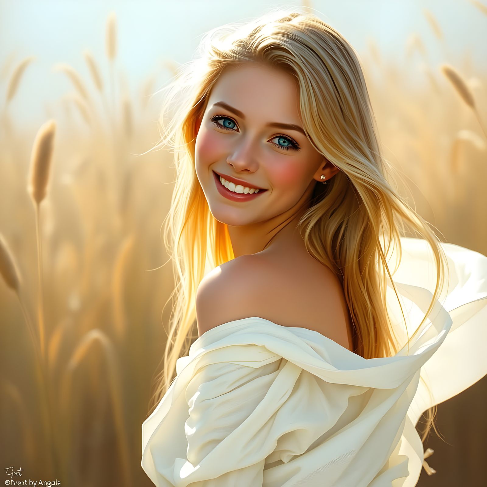 Ethereal Artistic Portrait of a Smiling Blonde Woman