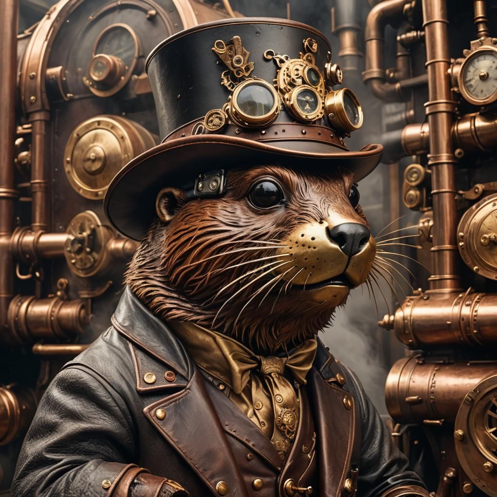 Steampunk Beaver with Top Hat and Steam Engine