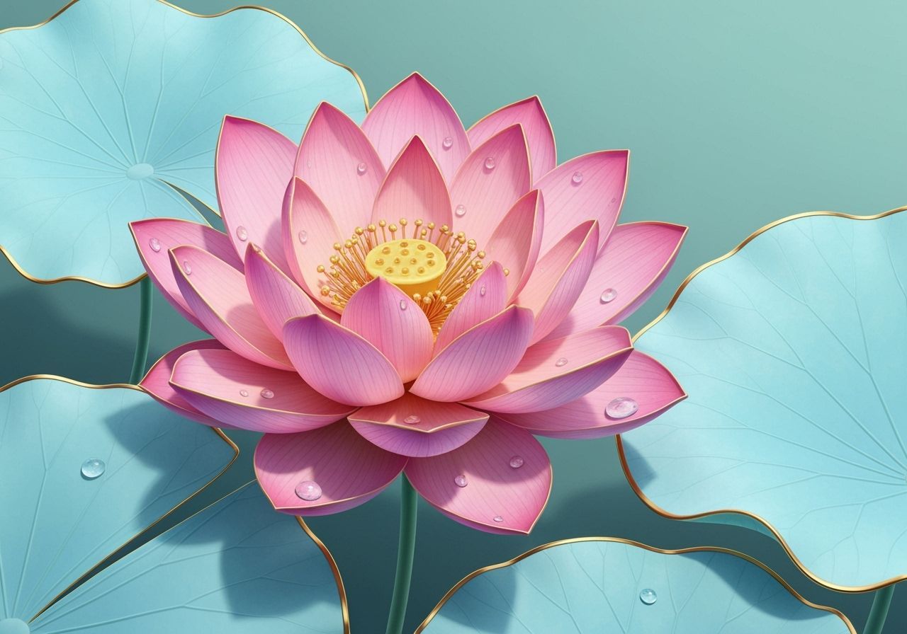 Pink Lotus Flower with Gold Accents and Water Droplets