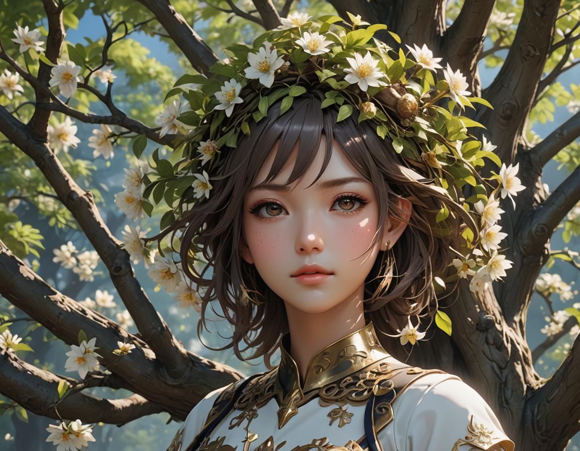 Anime Girl with Tree in 3D Aesthetic Art