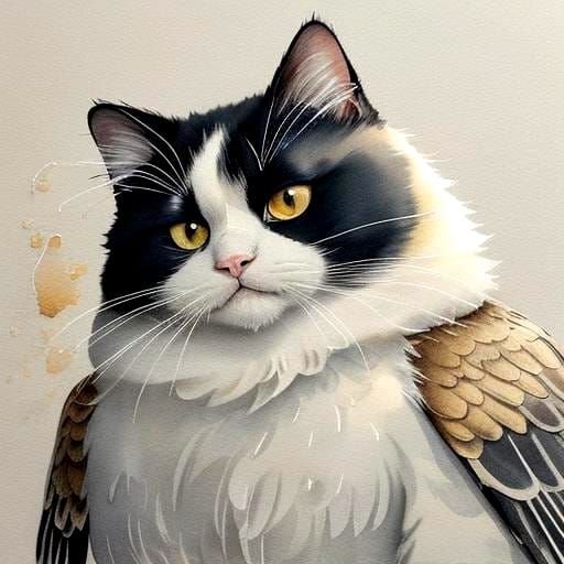 Fluffy Tuxedo Cat Relaxing on Back in Watercolor Style