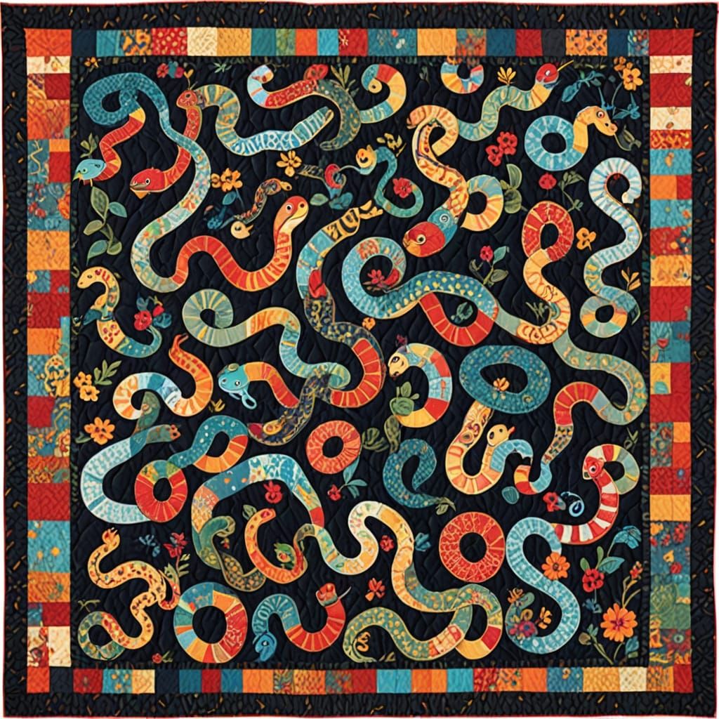 Vibrant Patchwork Quilt with Playful Snakes