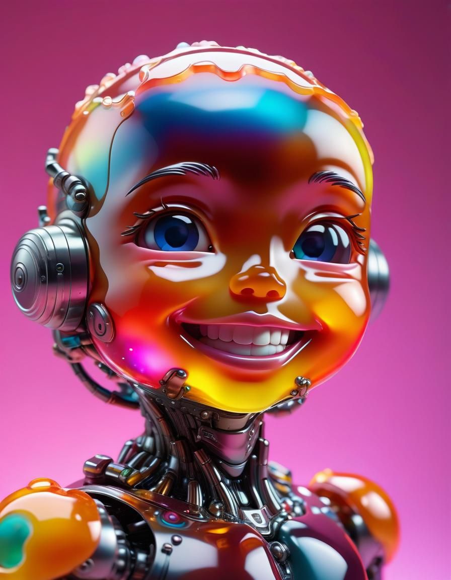 Smiling Jelly Cyborg Sculpture in Hyperrealistic Style