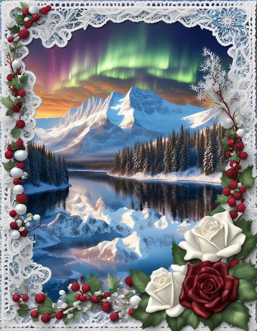 Colorful Northern Lights Over Winter Lake