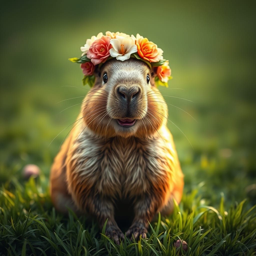 Smiling Capybara with Floral Crown in Digital Art Style