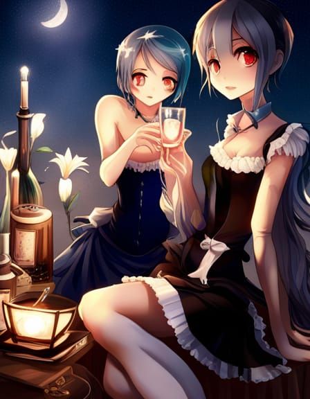 Anime Girl in City at Night With Wine