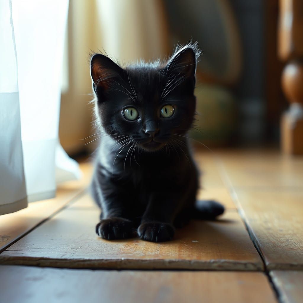 Cinematic Baby Black Cat in Warm Golden Light