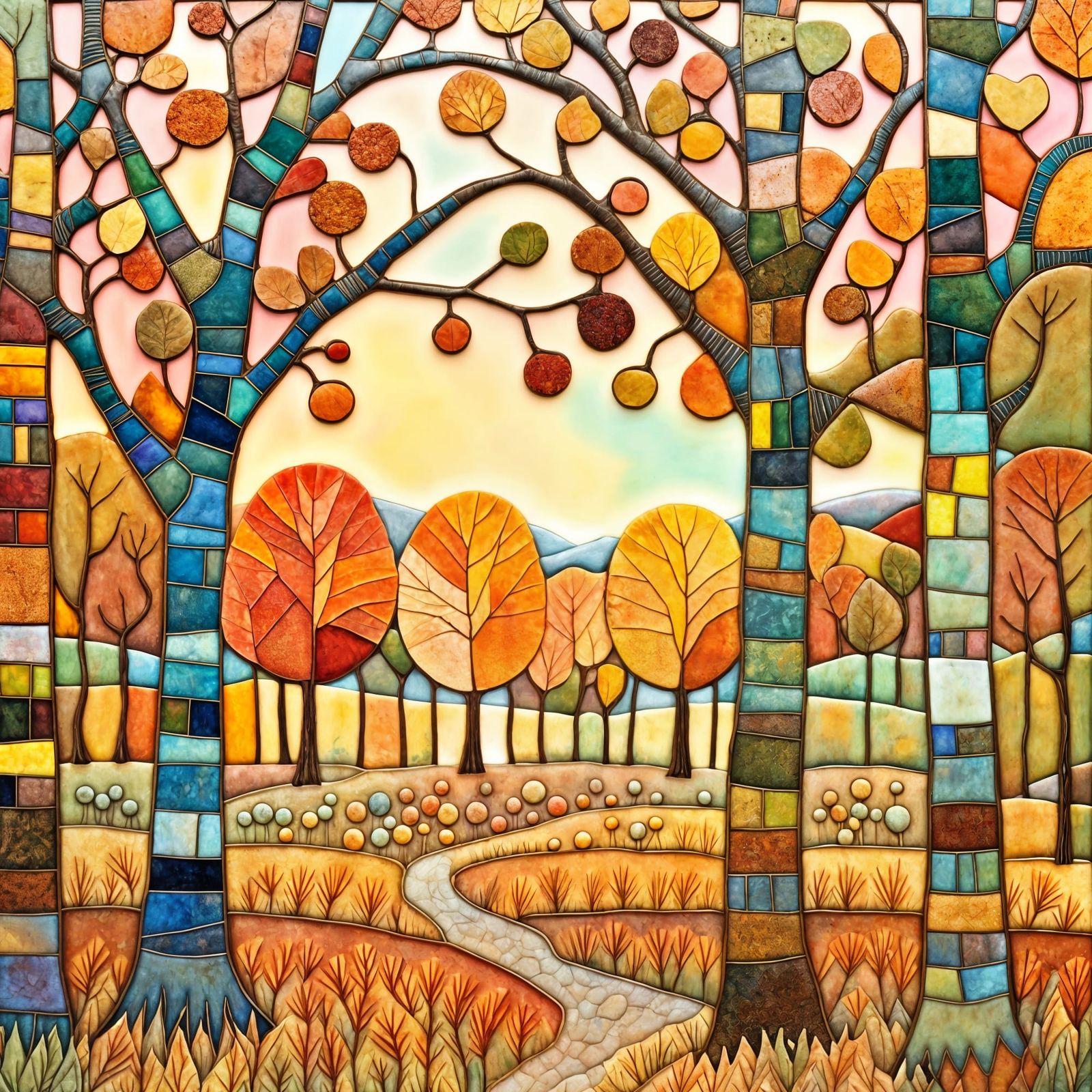 Encaustic Autumn Trees in Art Brut Style