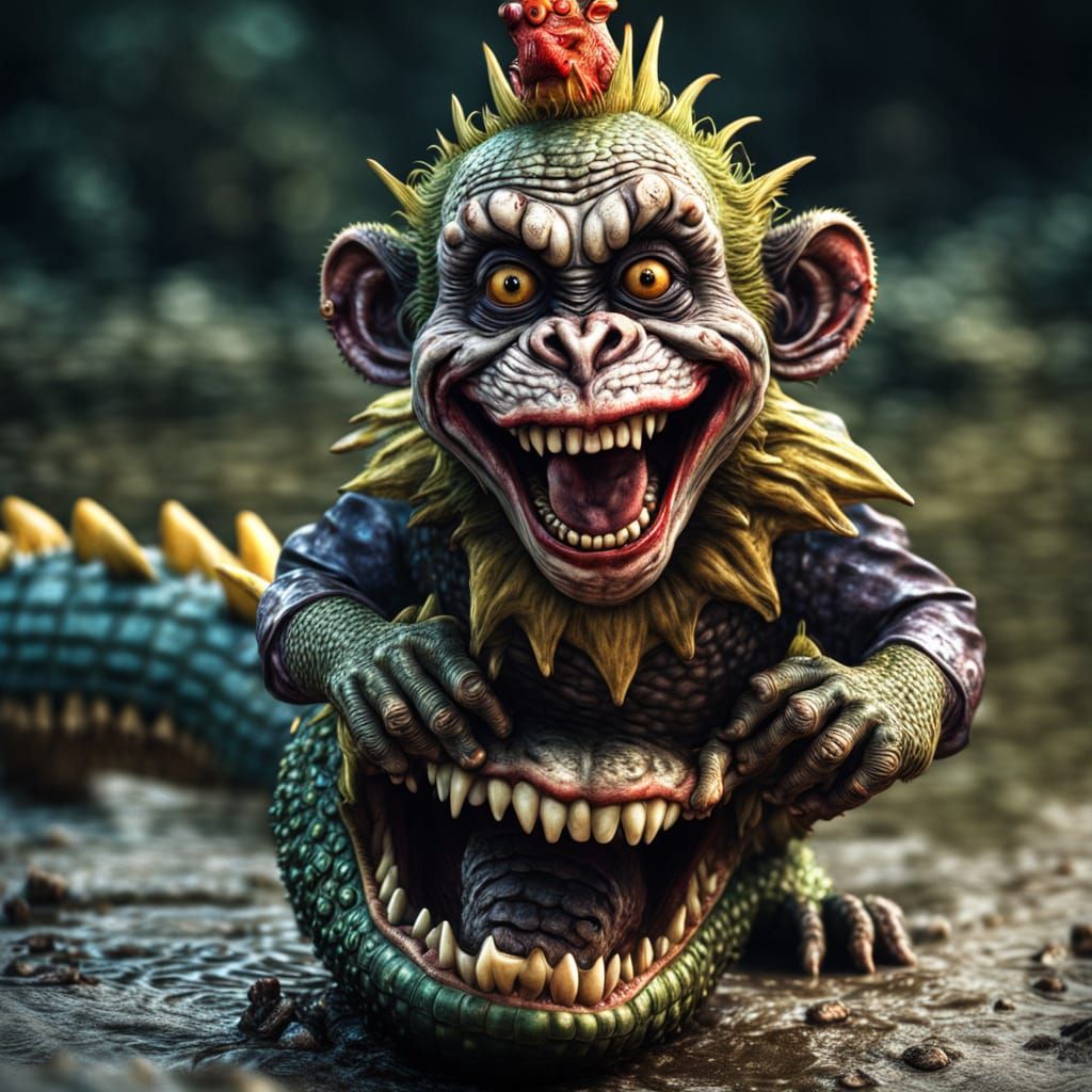 Zombie Monkey Clown Infant Rides Crocodile: Hyperrealistic