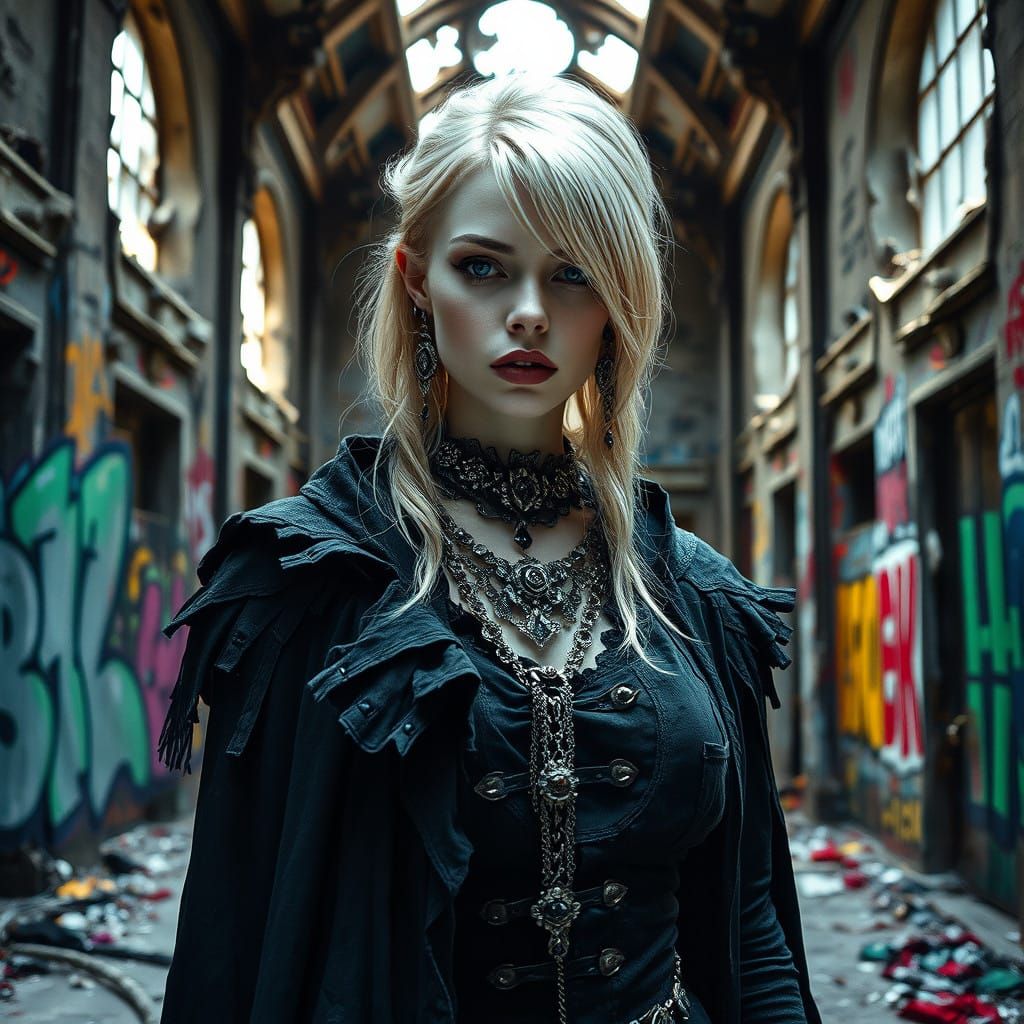 Gothic Woman Amidst Abandoned Ruins