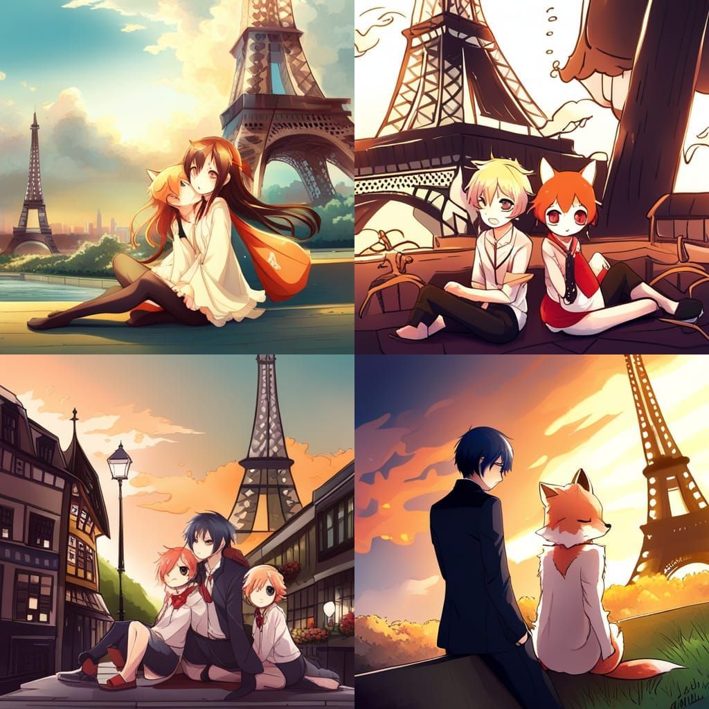 White Fox Lounging by Eiffel Tower in Anime Style