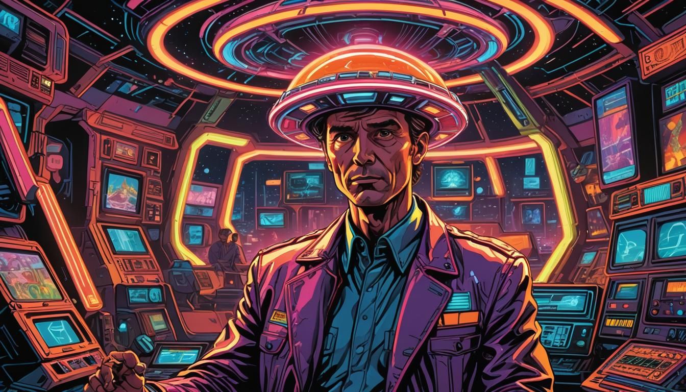 UFO Witness on TV Talk Show in Retro-Futuristic Comic Art