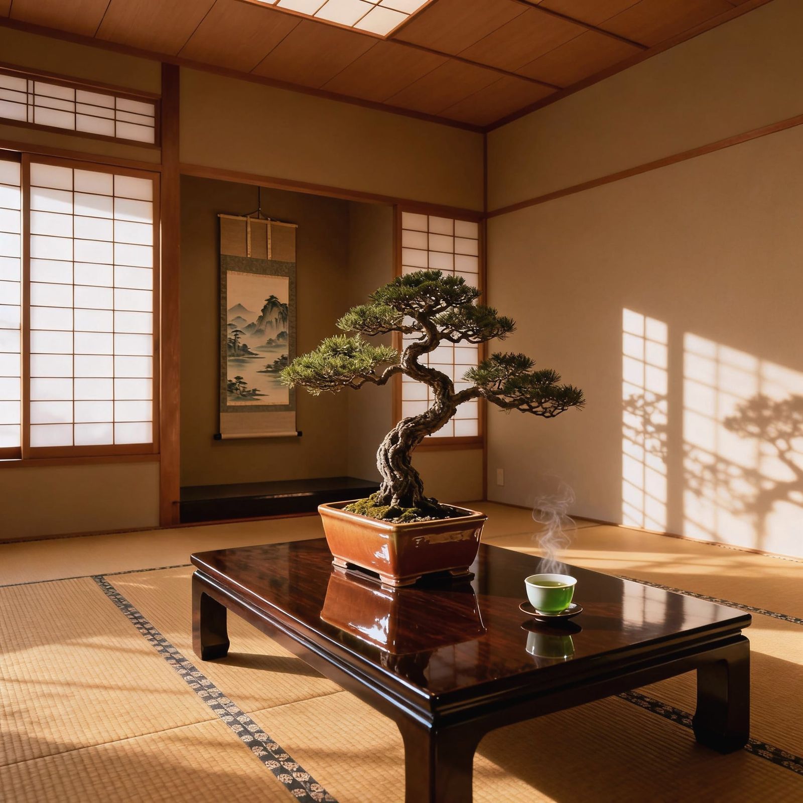 Exquisite Bonsai Tree in Japanese Tatami Room