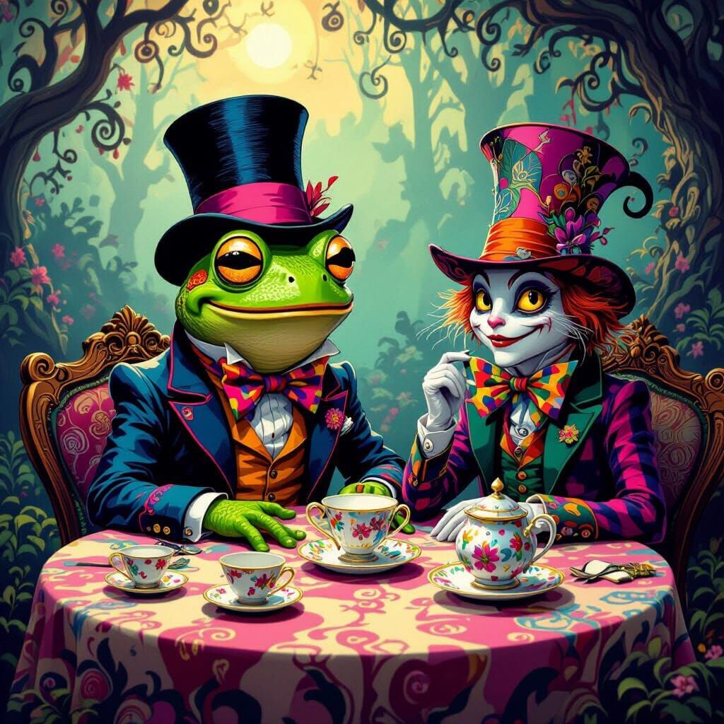 Pepe at Mad Hatter Tea Party, in Lowbrow Art Style
