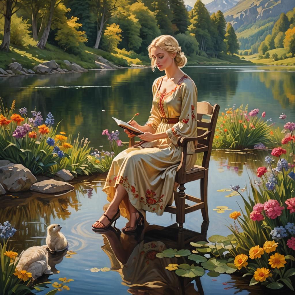 Queen Reading by Lake: 1980s Dark Fantasy Oil Painting