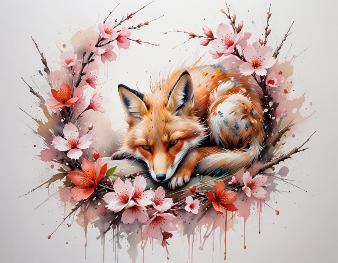 Red Fox Under Cherry Blossoms in Soft Pastel Style
