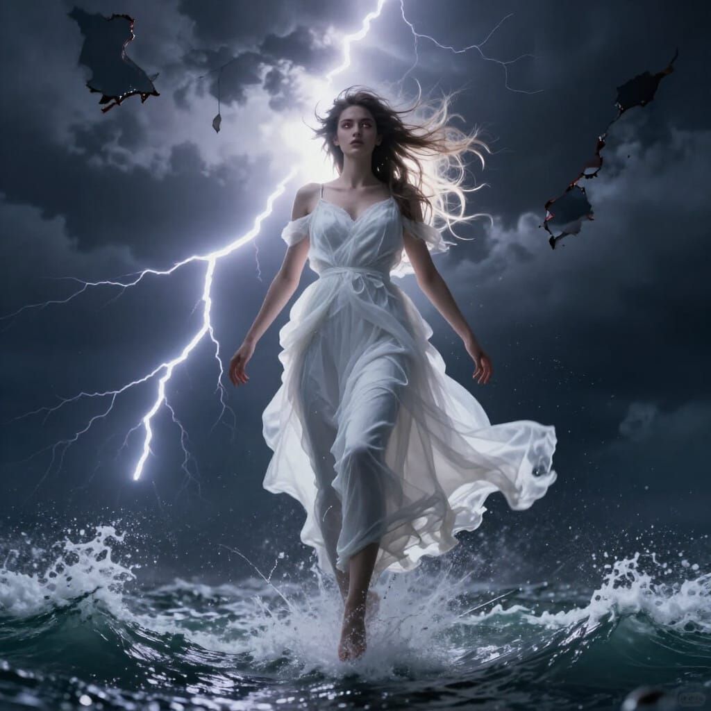 Hecate Descends from Storm Clouds in Hyper-Realistic Style