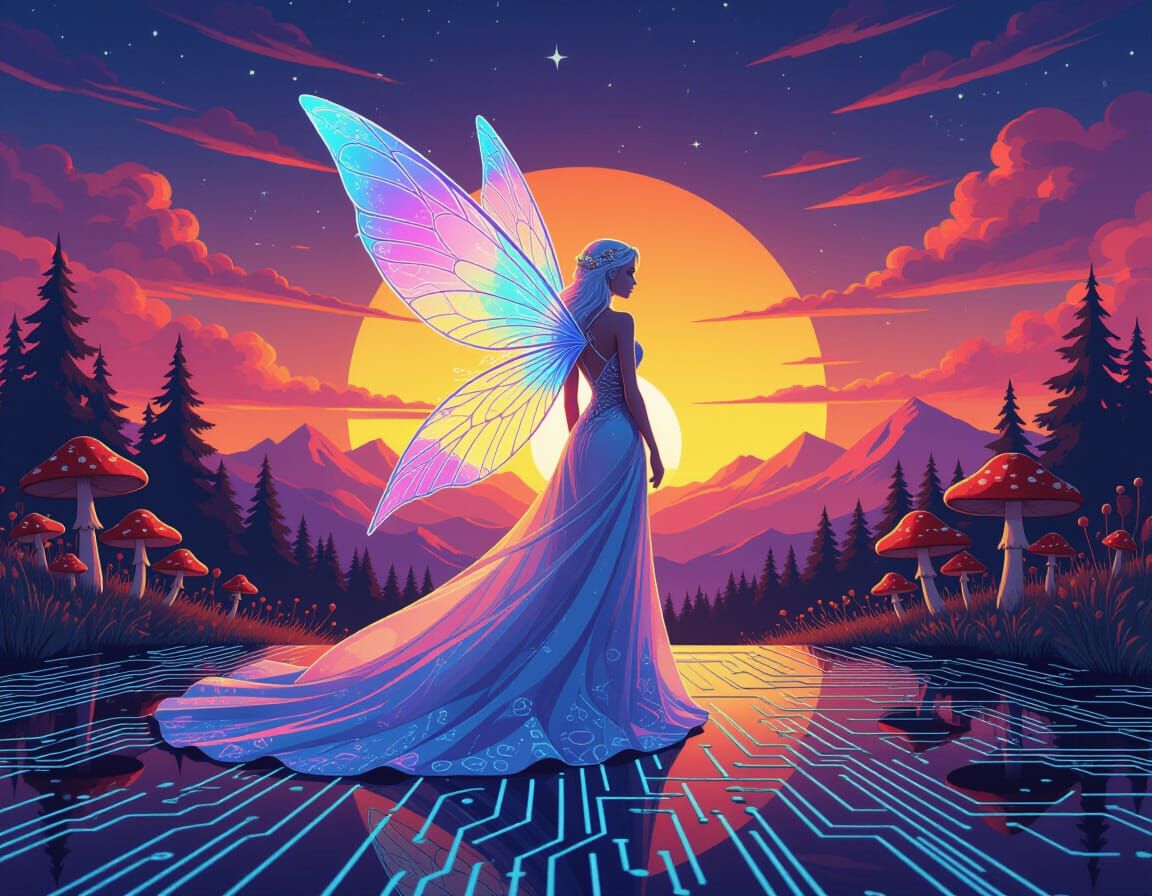 Synthwave Fairy of Ice and Fire with Fractal Design