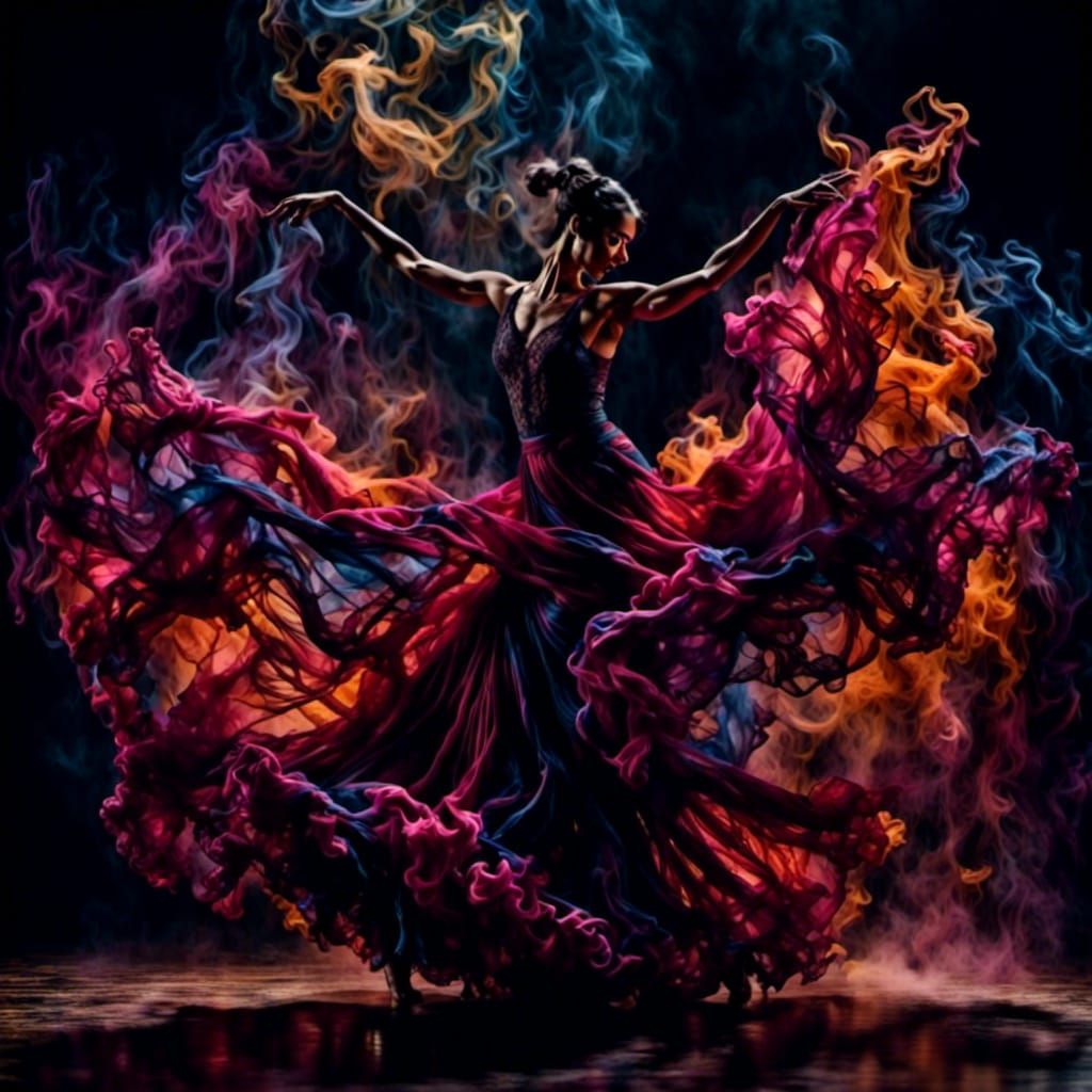Flamenco Dancer in Flowing Liquid Oil Dress