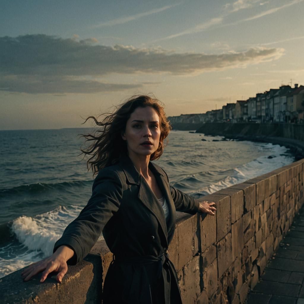 Dramatic Film Noir Image of Woman by the Sea