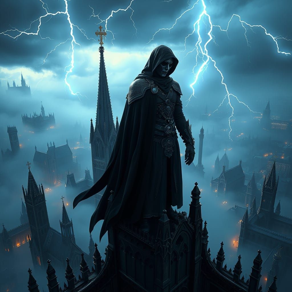 Gothic Steampunk Figure Reigns Over a Misty Cityscape