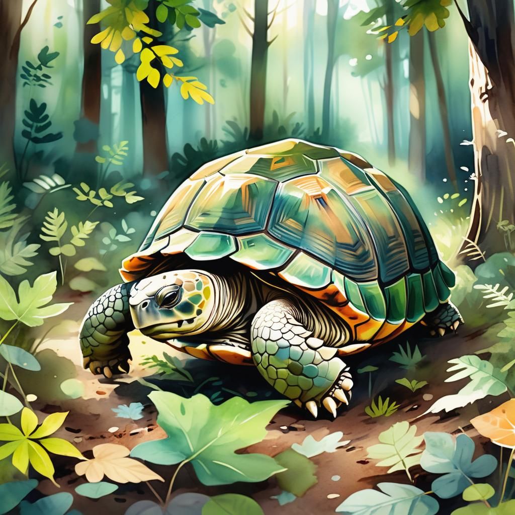 Dreamy Watercolor Tortoise on Forest Floor