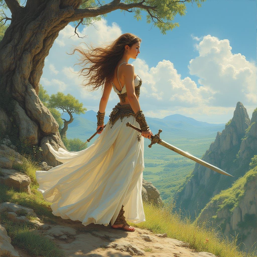 Mystical Warrior Woman in Fantasy Landscape