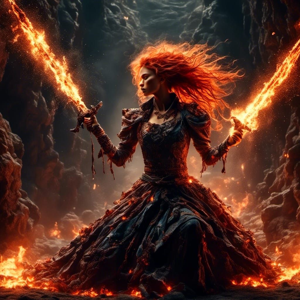 Fiery Warrior Woman with Flaming Sword in Cavern