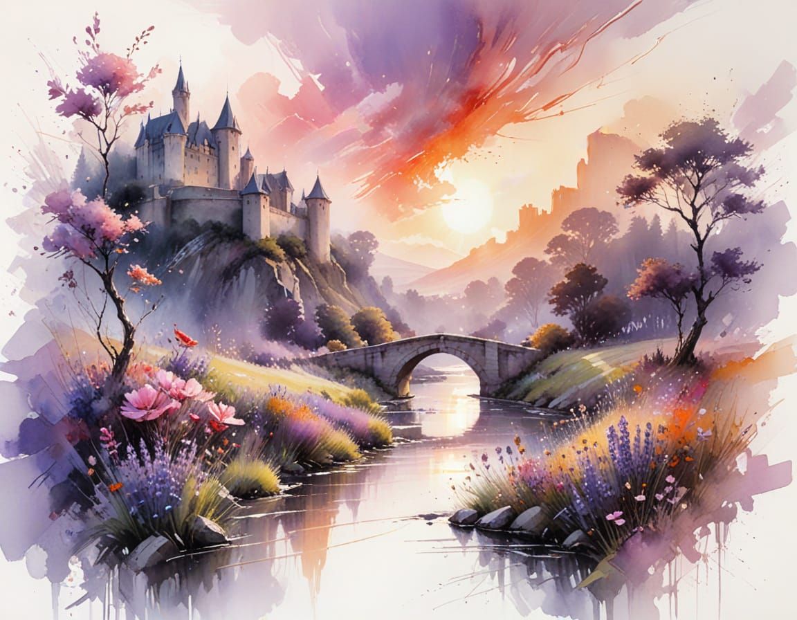 Golden Hour Fantasy Bridge to Majestic Castle in Watercolour...