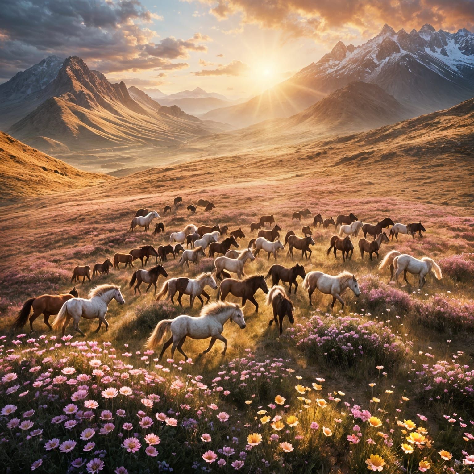 Wild Mustangs Gallop at Golden Hour: Digital Painting