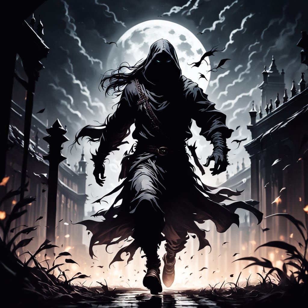 Gothic Figure Running in Moonlit Dark Fantasy Art