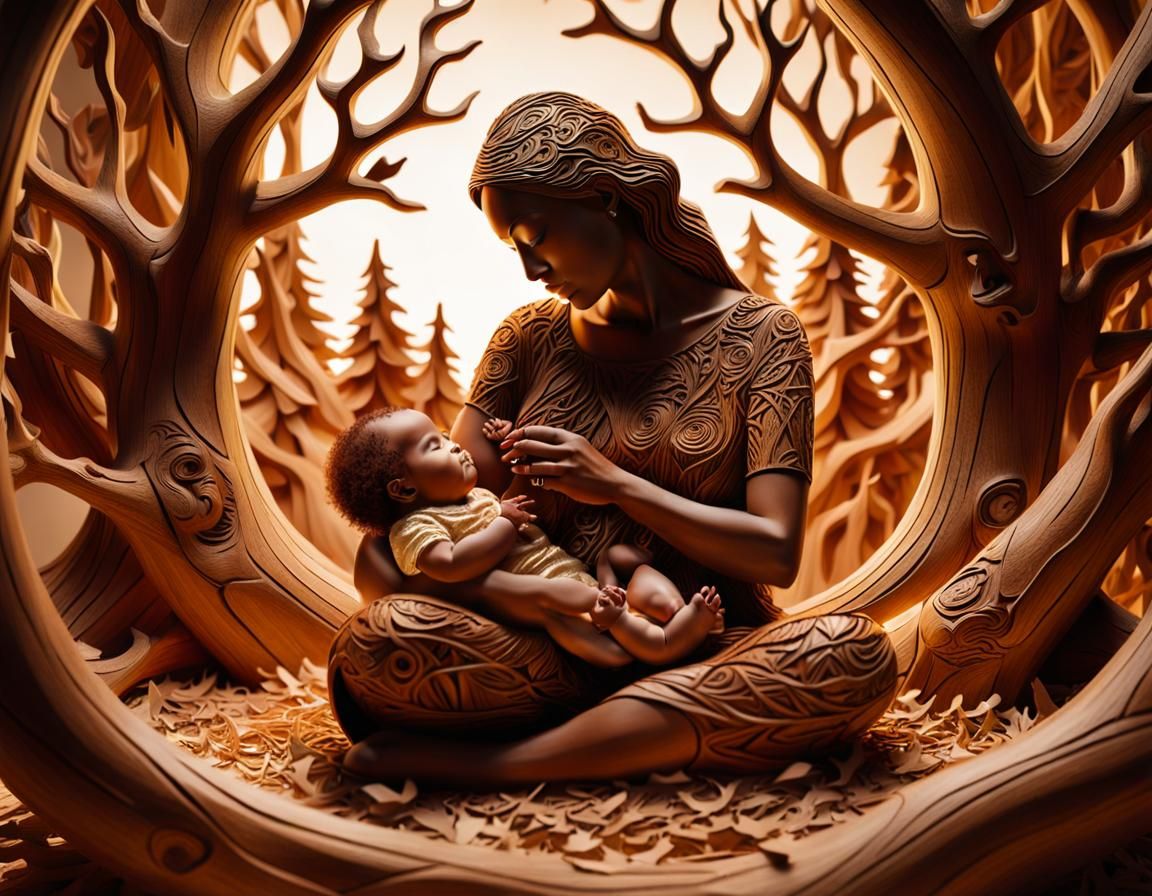 Wood Carving with Mother & Child