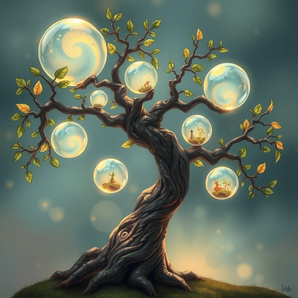 Whimsical Tree of Glowing Orbs in a Dreamlike World