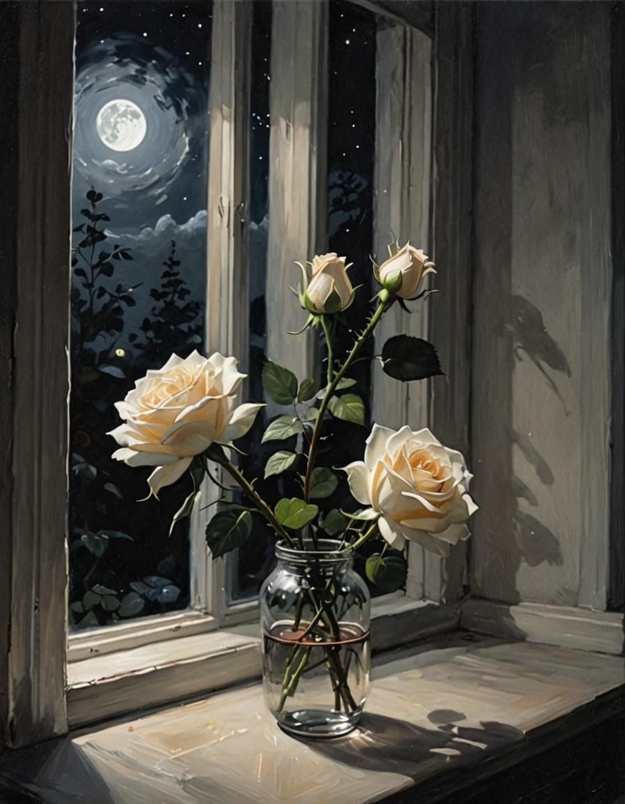 White and Black Roses Dancing in Moonlight