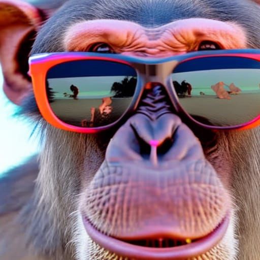 Chimpanzees in Pink Sunglasses on Tropical Beach