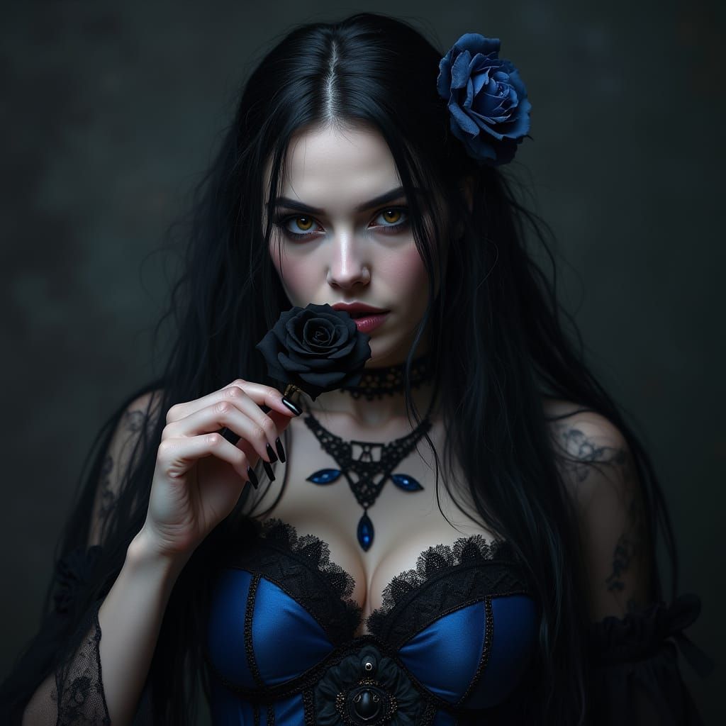 A hyperrealistic portrait of a gothic woman with piercing hazel eyes and long black hair with blue streaks, adorned with...