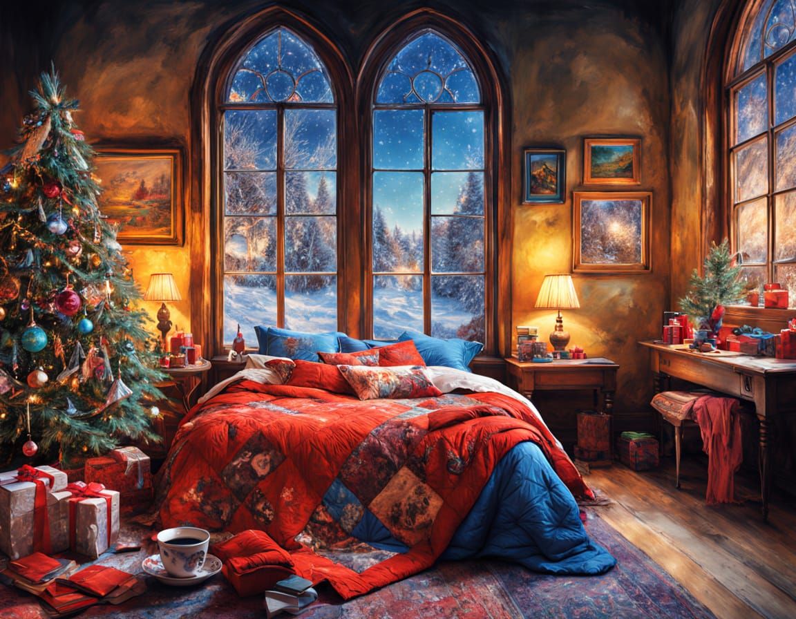 Cozy Christmas Bedroom with Gifts and Tree in Fine Art Style