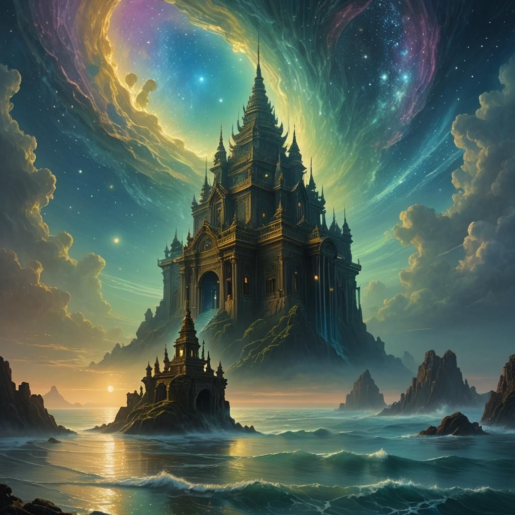 Mystical Temple Rising from Starry Ocean