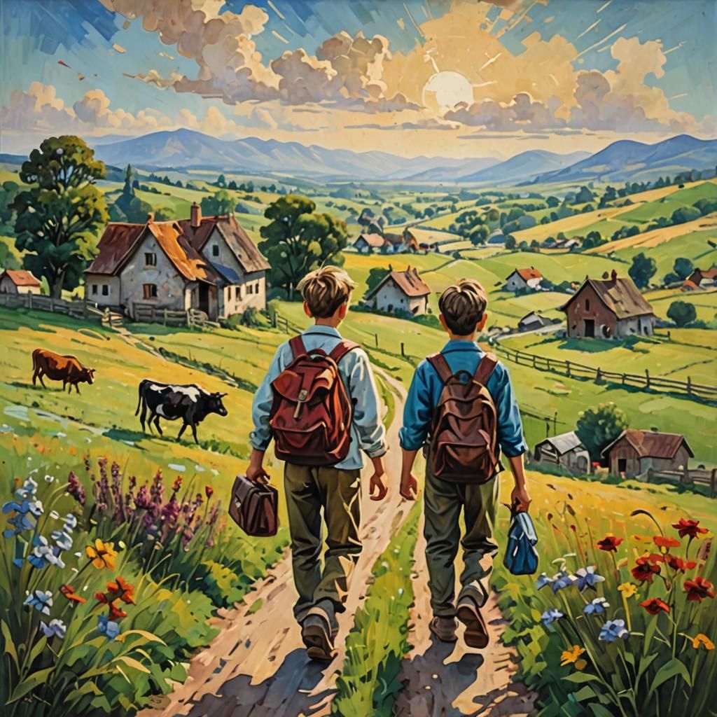 Boys Walking to School, Oil Painting