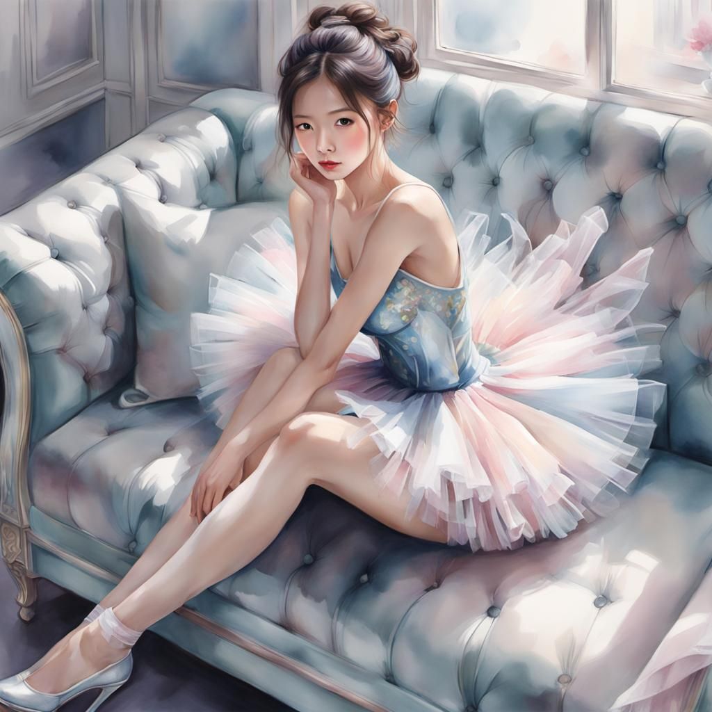 Anime Woman in Tutu on Sofa in Watercolor Style