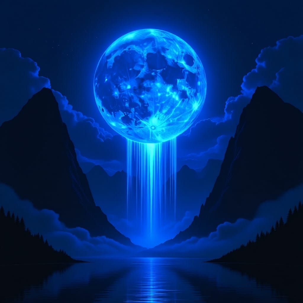 Surreal Moonlit Landscape with Luminous Waterfall of Light