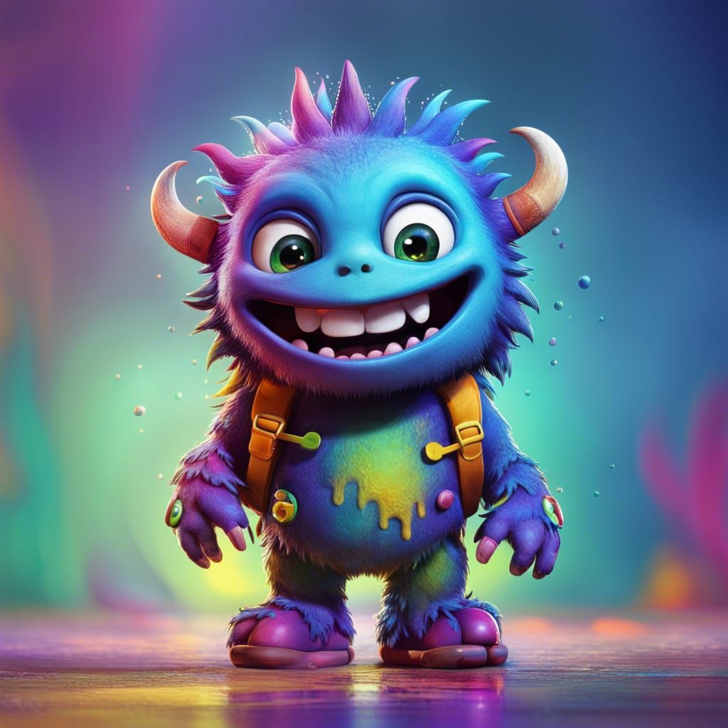 Smiling Toddler Monster with Backpack: Hyperrealistic Art