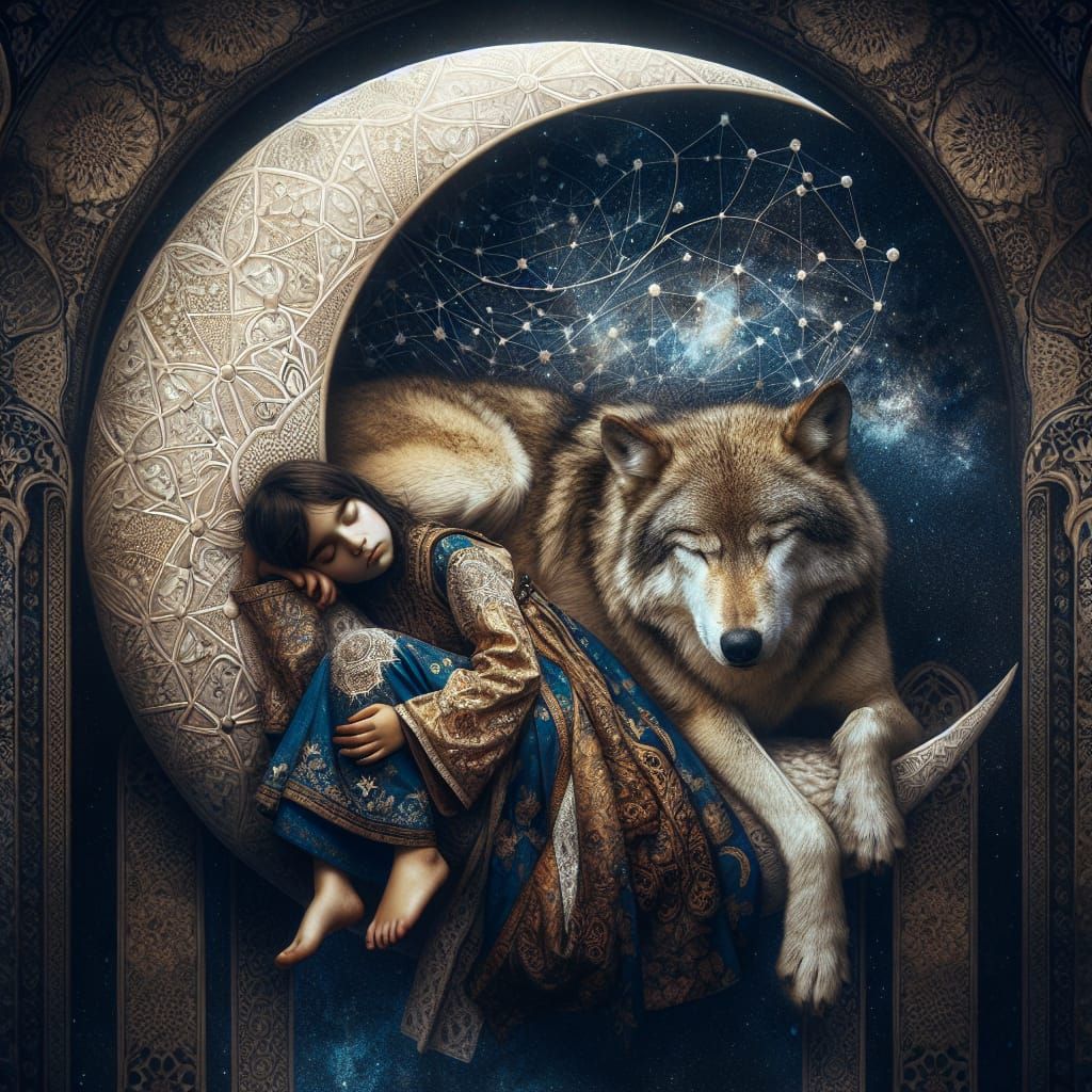 Girl and Wolf on Crescent Moon in Starry Sky