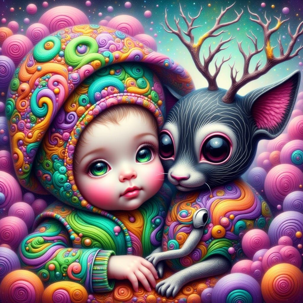 Psychedelic Pop Surrealism Baby Portrait with Fantastical Cr...