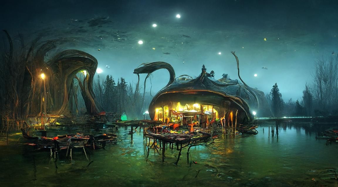 Alien Lake Cafe at Night, Digital Art