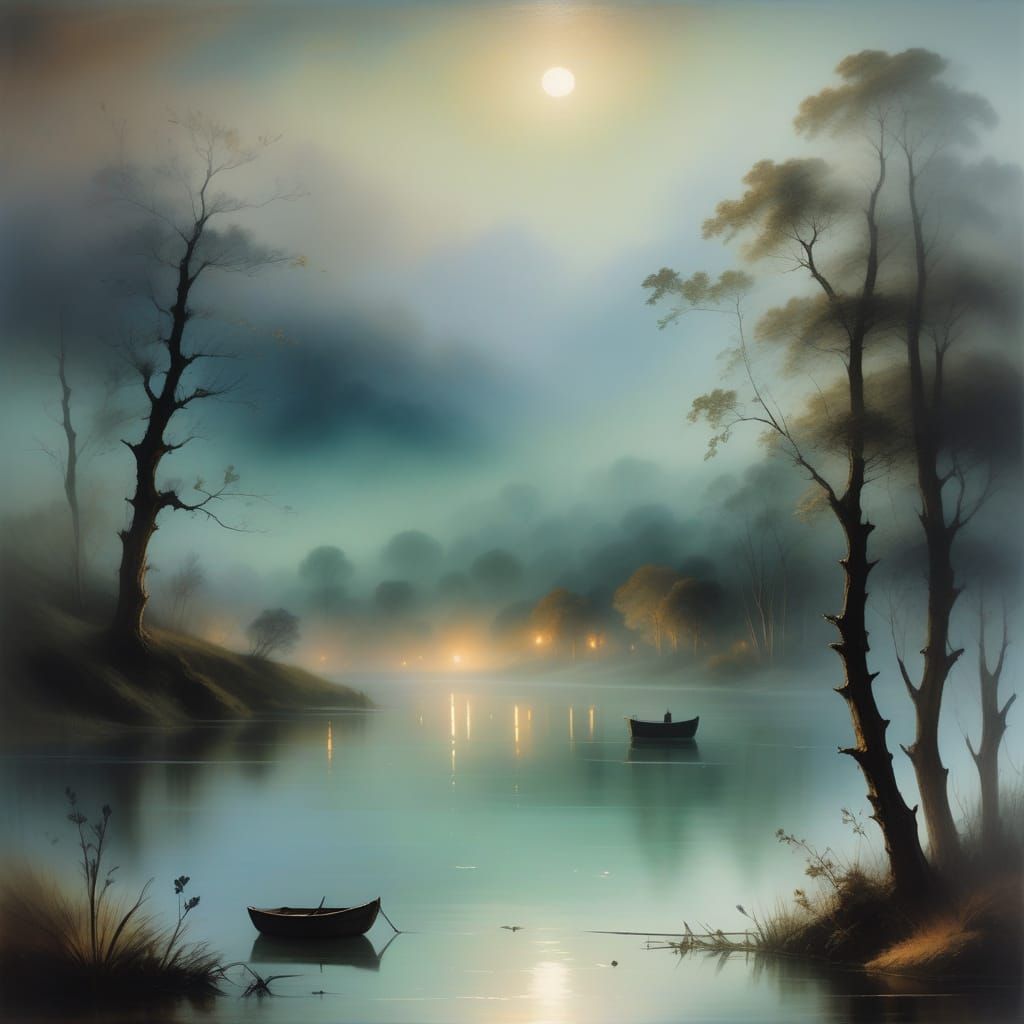 Misty Lake Nocturne in Romantic Style