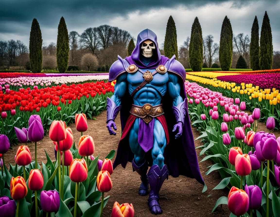 Skeletor walking through a field of tulips in spring.