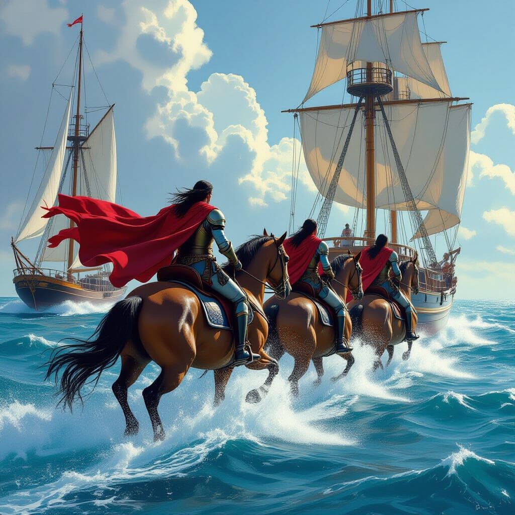 Warriors Galloping on Sea Beside Yachts